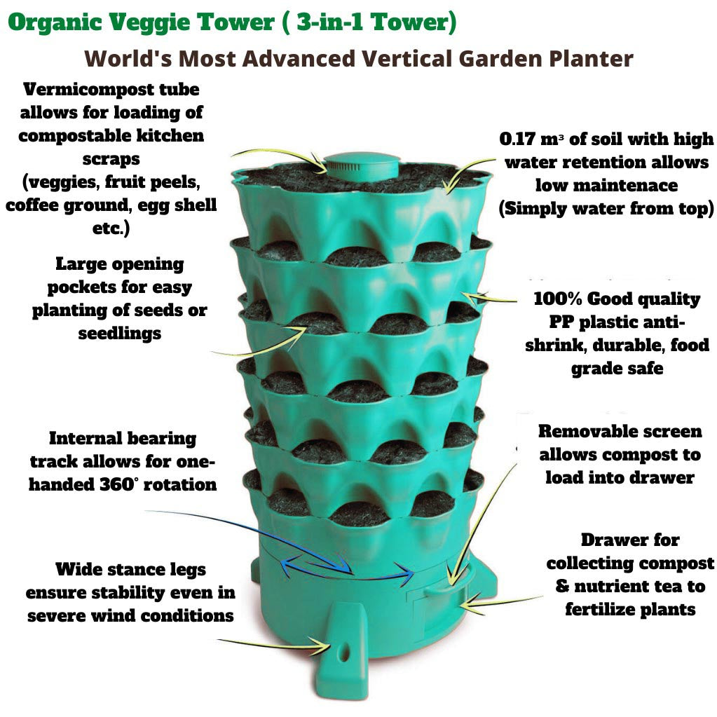 3-In-1 Organic Veggie Tower (Veggie Growth, Vermiculture, Kitchen Scrap Composting)