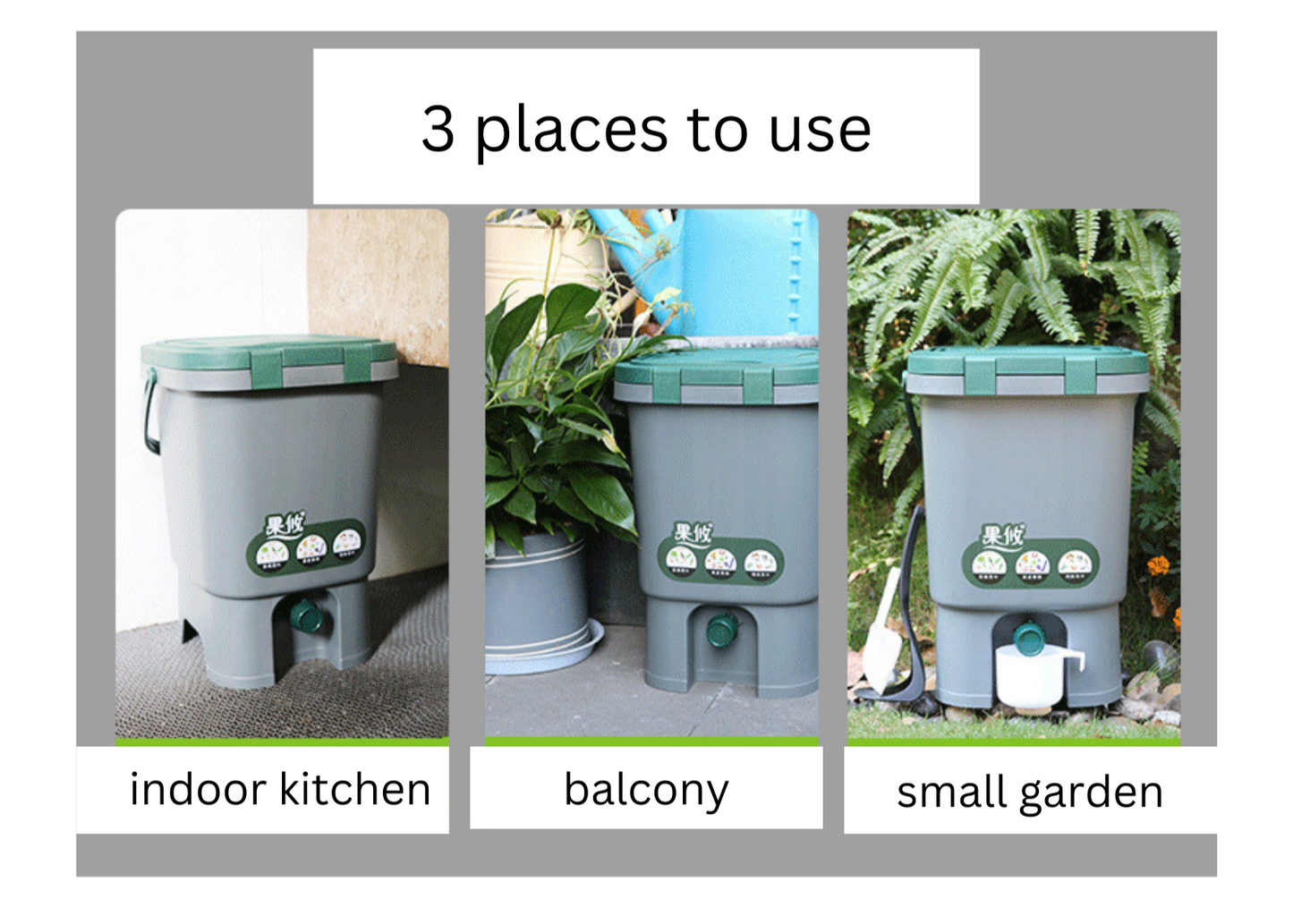 Compost Bin - come with: 15 L compost bin , 3 tools (scoop and cup), 1 packet EM powder