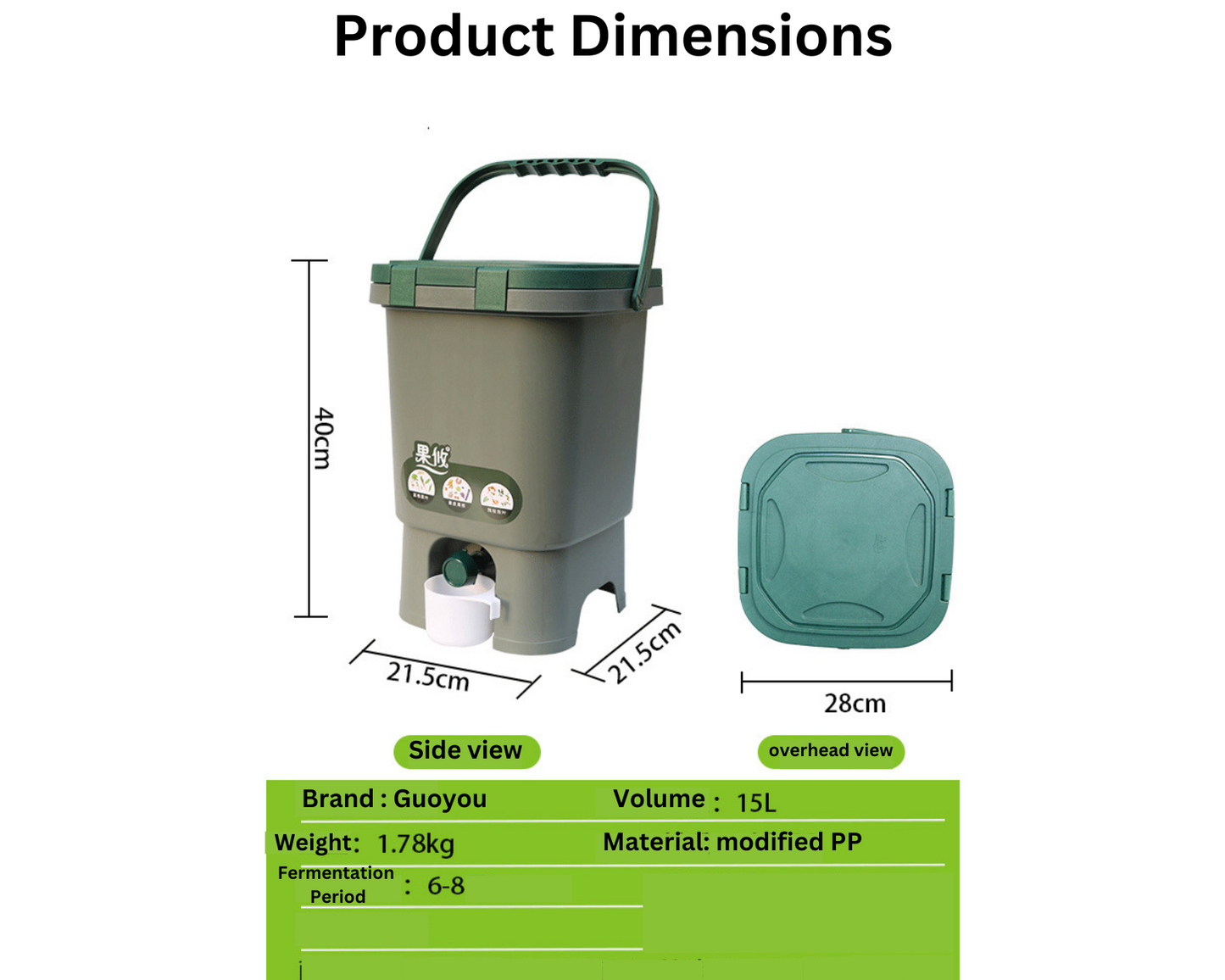 Compost Bin - come with: 15 L compost bin , 3 tools (scoop and cup), 1 packet EM powder